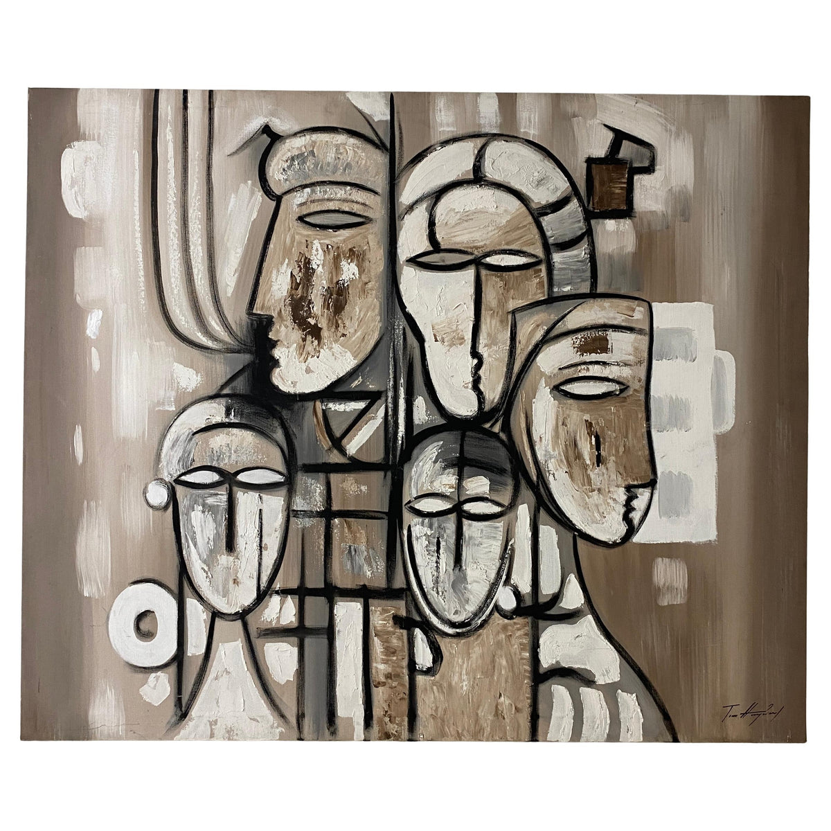 Large Tom Hayward Abstract Figural Painting, Cubist Style Faces, Neutral Tones