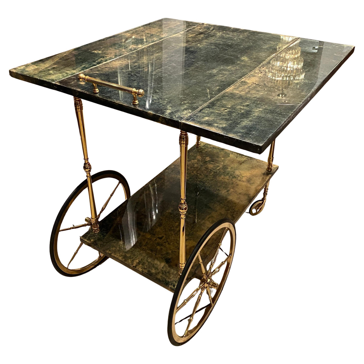Aldo Tura Green Lacquered Goatskin Bar Cart, Brass Two-Tier Folding Drinks Trolley, Italy 1960s — detail 2