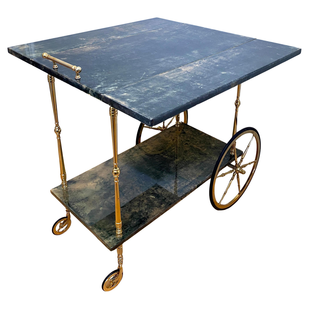 Aldo Tura Green Lacquered Goatskin Bar Cart, Brass Two-Tier Folding Drinks Trolley, Italy 1960s