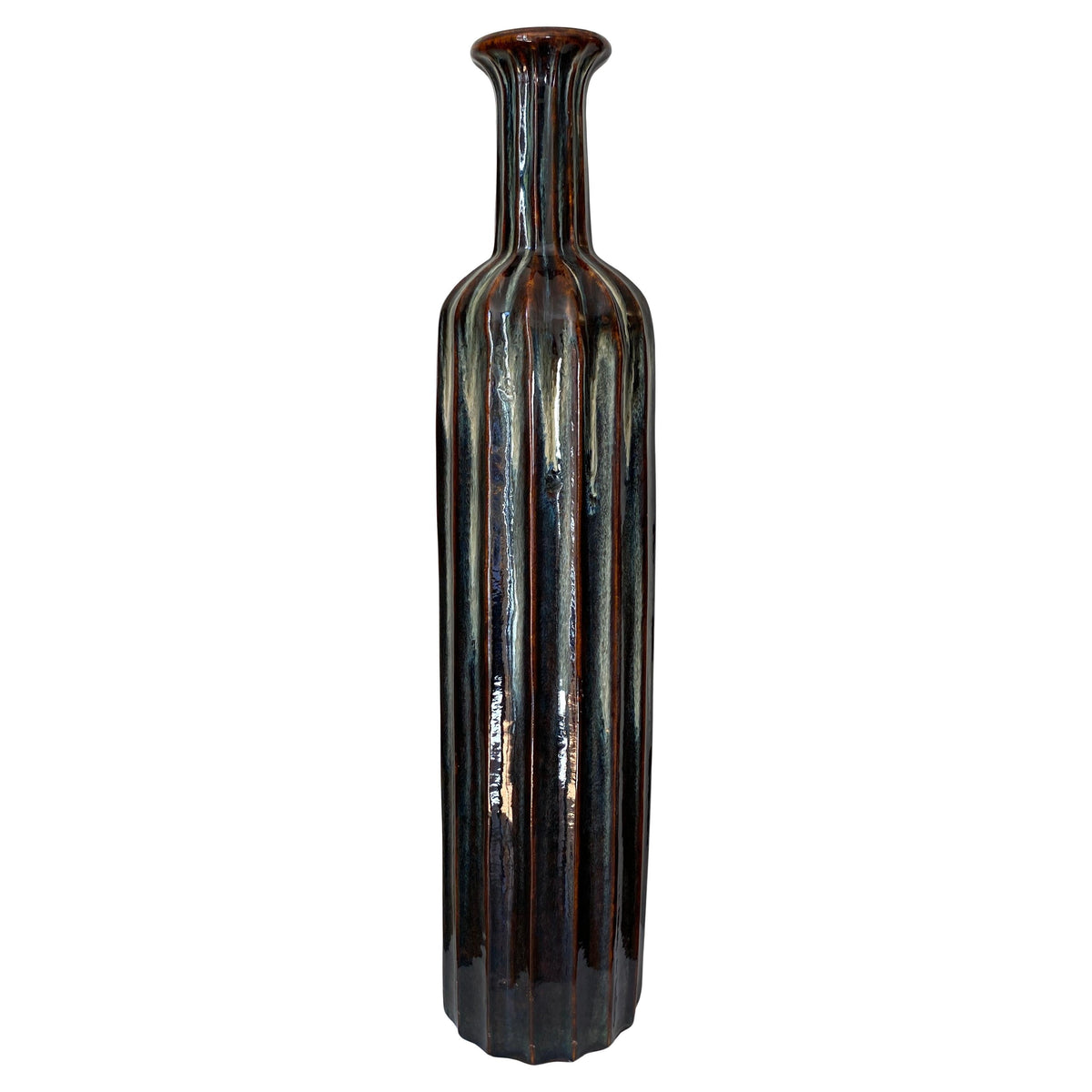 Monumental Mid-Century Modern Ribbed Ceramic Floor Vase with Drip Glaze, West Germany Style
