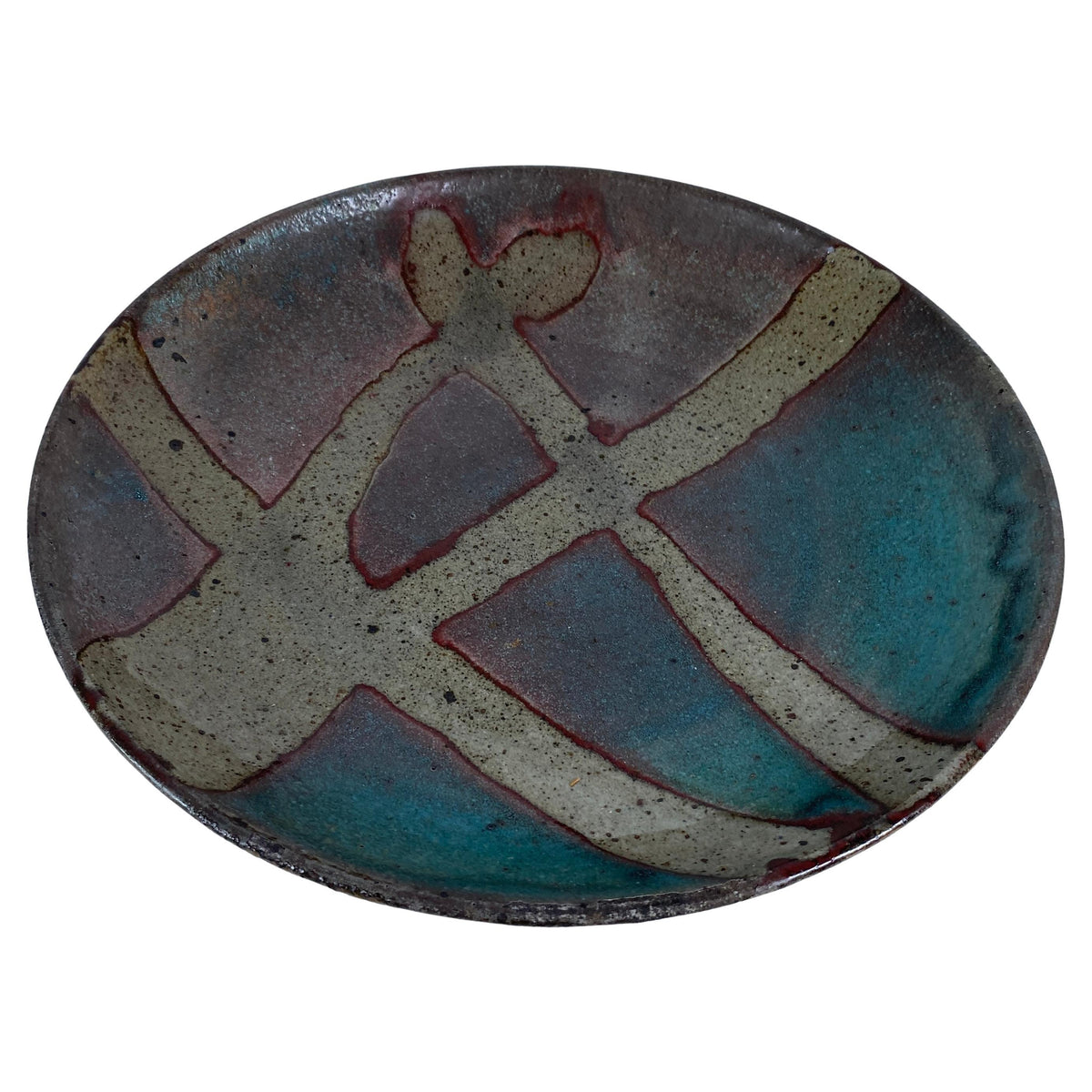 Mid-Century American Studio Pottery Oval Bowl, Signed Woodstock, NY, Abstract Glazed Ceramic