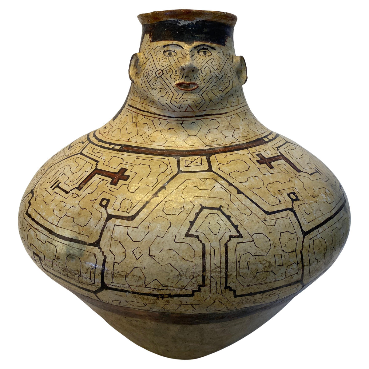 Monumental Amazonian Shipibo-Conibo Anthropomorphic Pottery Vessel with Kené Patterning, Peru