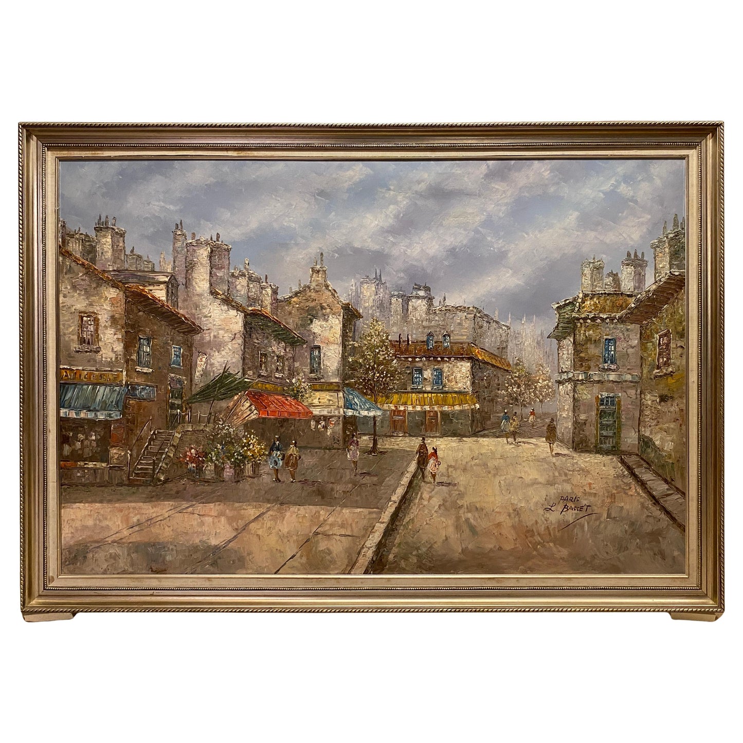 Large Signed Louis Basset Paris Street Scene Oil Painting, Montmartre Café Scene