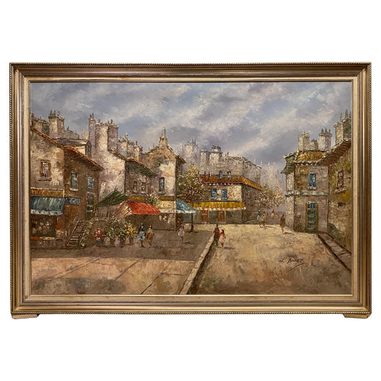 Large Signed Louis Basset Paris Street Scene Oil Painting, Montmartre Café Scene