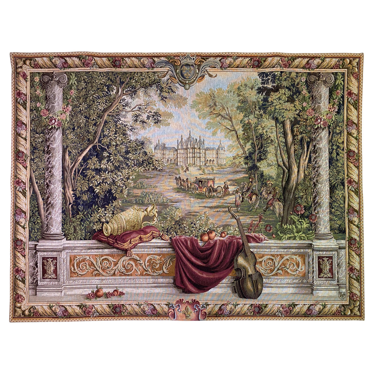French Château Landscape Jacquard Woven Tapestry with Carriage & Courtly Scene