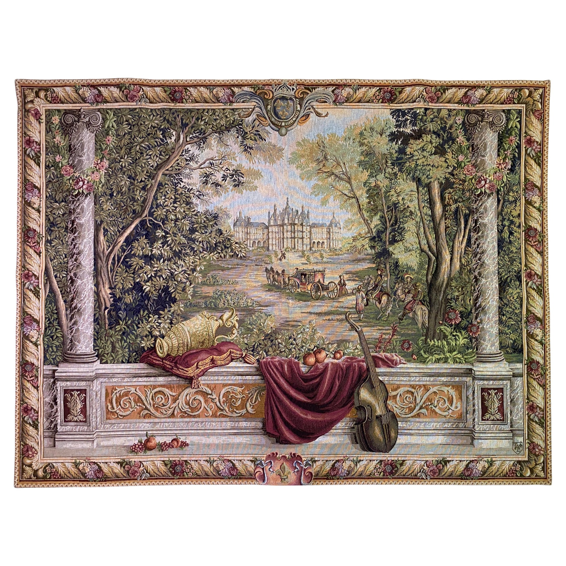 French Château Landscape Jacquard Woven Tapestry with Carriage & Courtly Scene