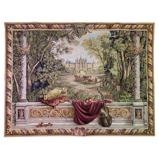 French Château Landscape Jacquard Woven Tapestry with Carriage & Courtly Scene