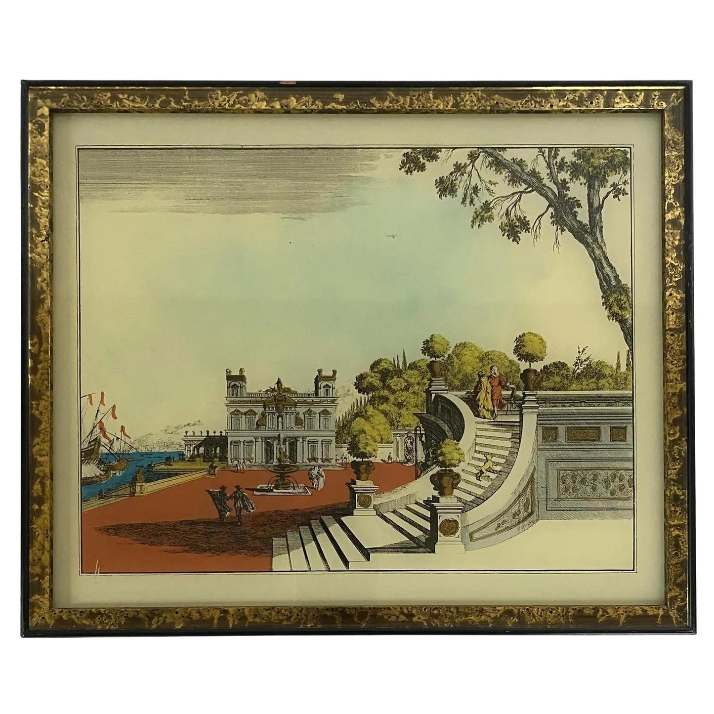 Italian Hand Colored Engraving Print with Metallic Embellishments