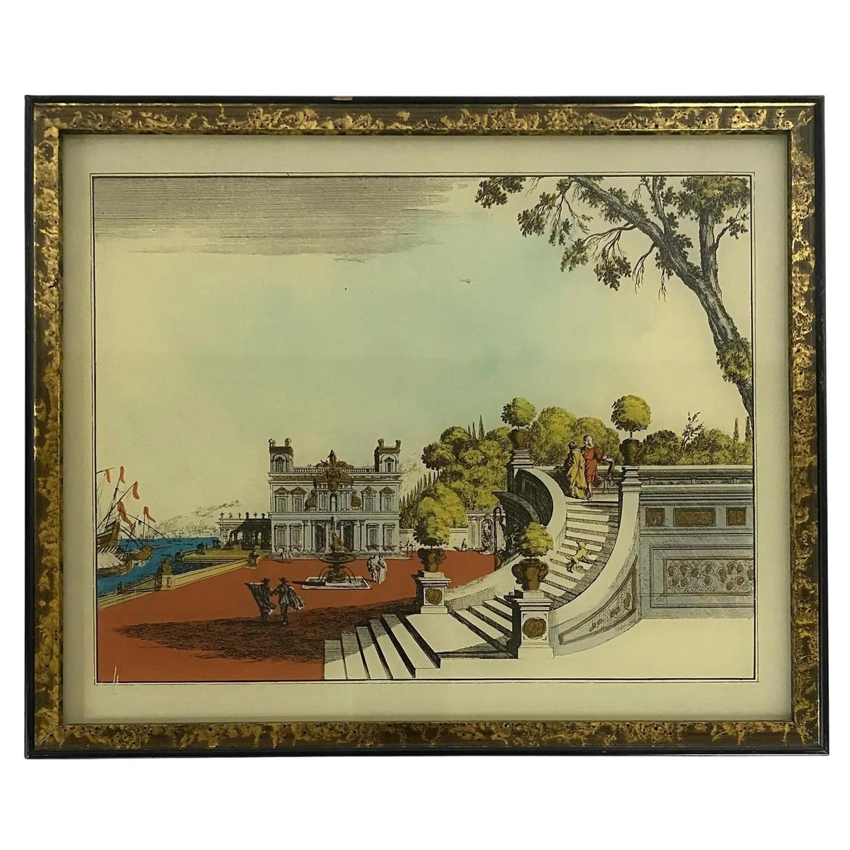 Italian Hand Colored Engraving Print with Metallic Embellishments