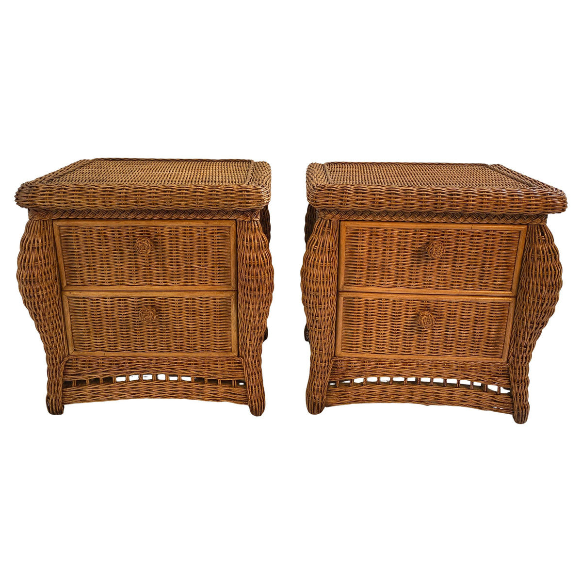 Pair of Wicker/Rattan Chest of Drawers, Hollywood Regency Style Nightstands