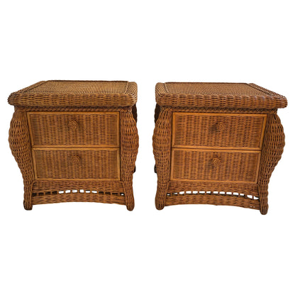 Pair of Wicker/Rattan Chest of Drawers, Hollywood Regency Style Nightstands