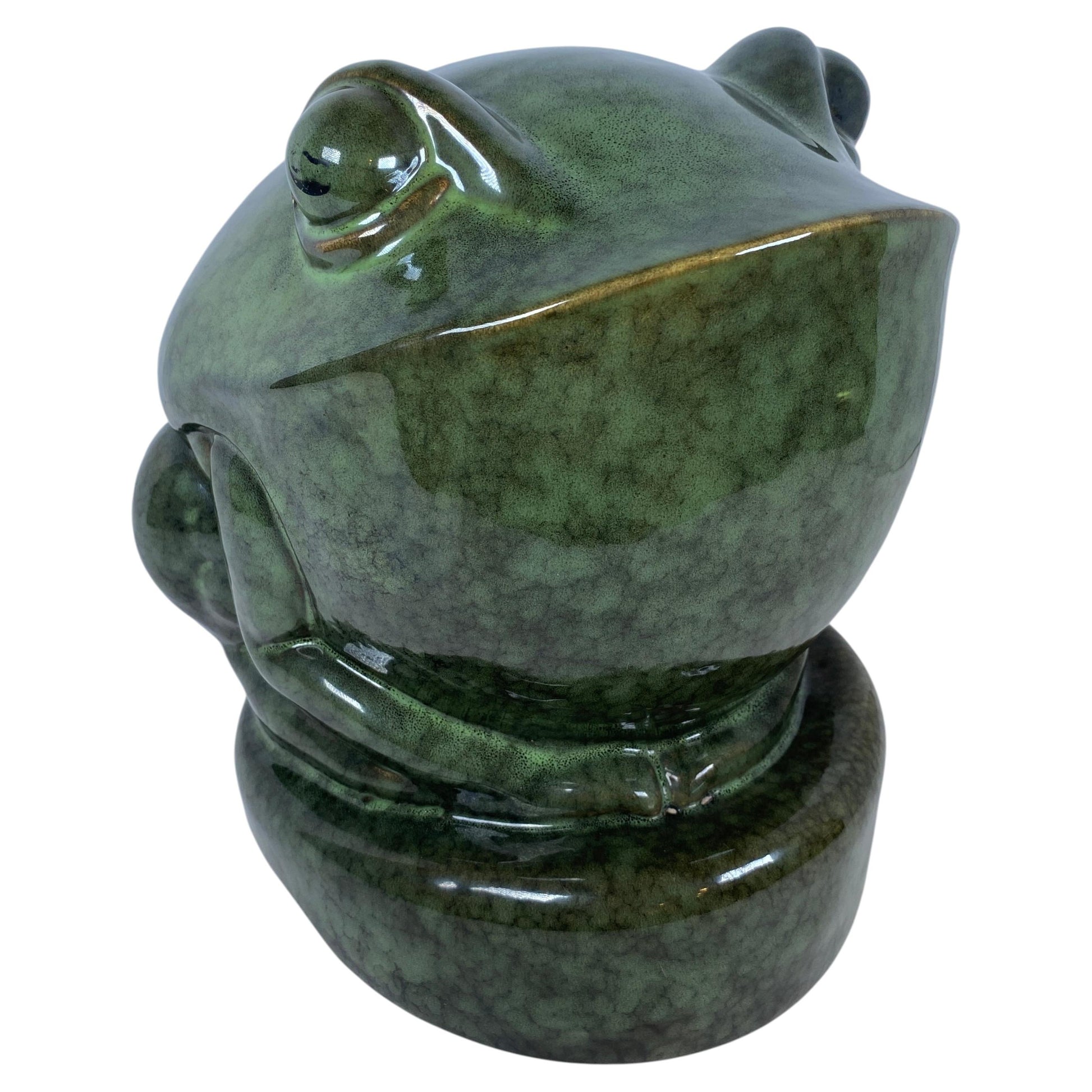 French Art Deco Style Glazed Ceramic Frog Sculpture, Green Animal Sculpture — detail 2
