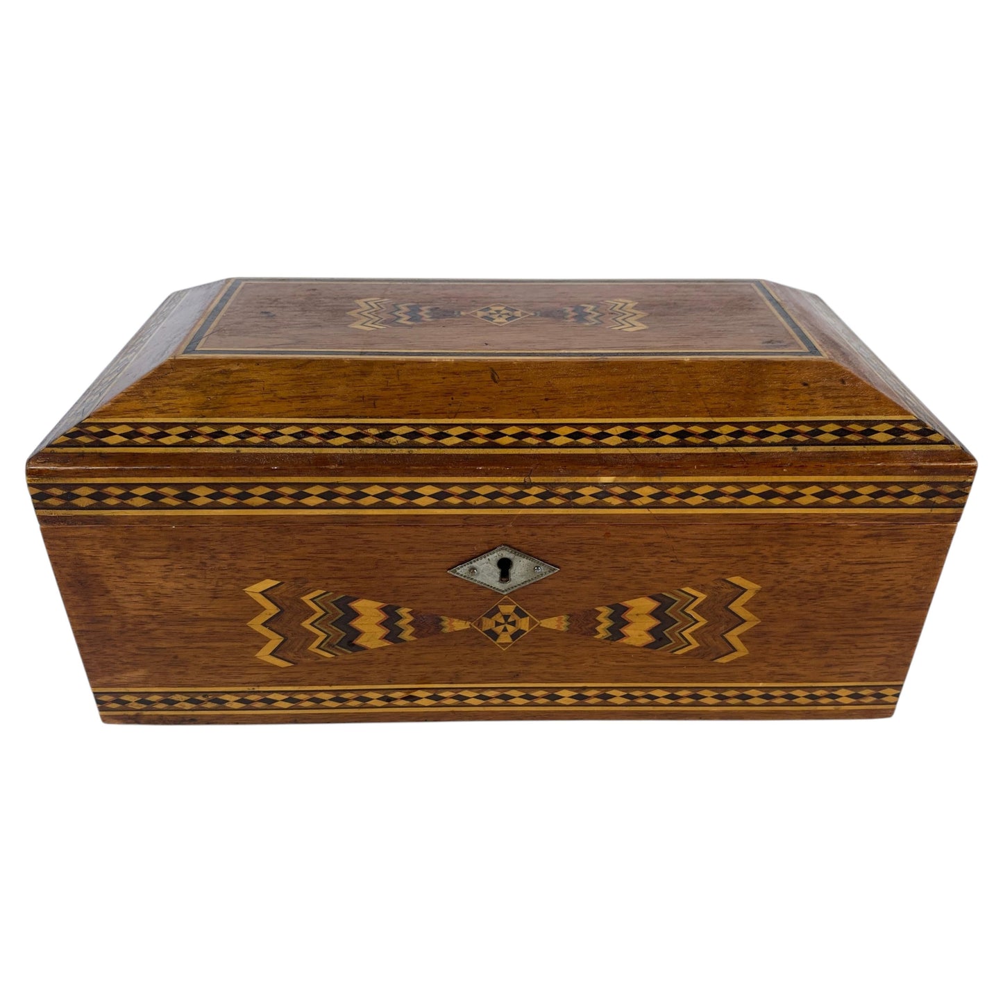 Italian Marquetry Inlaid Wooden Jewelry Box, Geometric Sorrento Style, Mid-20th
