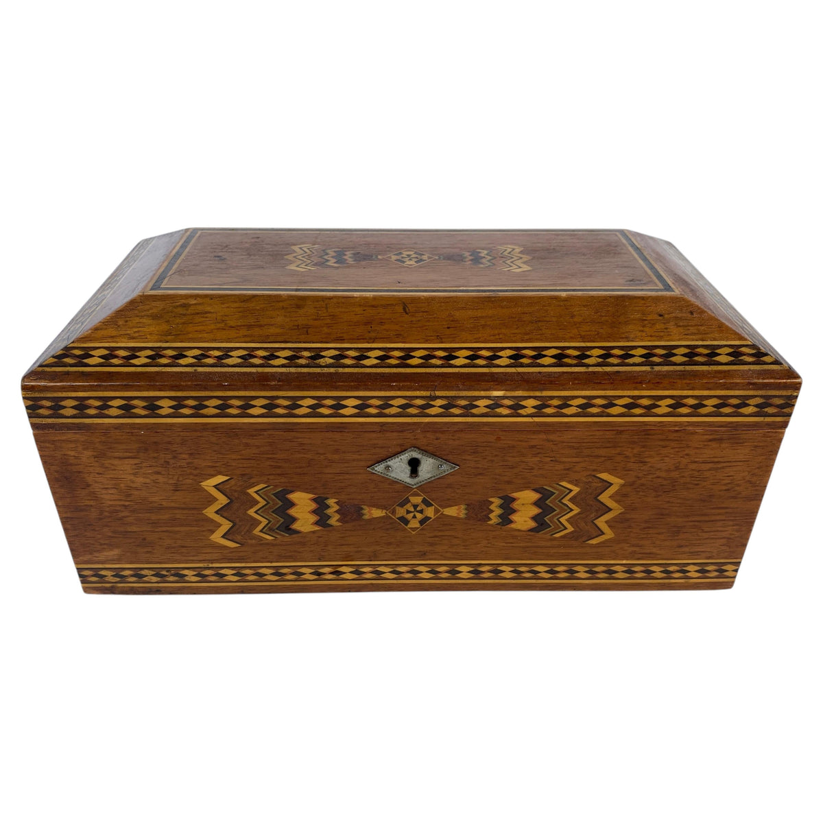 Italian Marquetry Inlaid Wooden Jewelry Box, Geometric Sorrento Style, Mid-20th