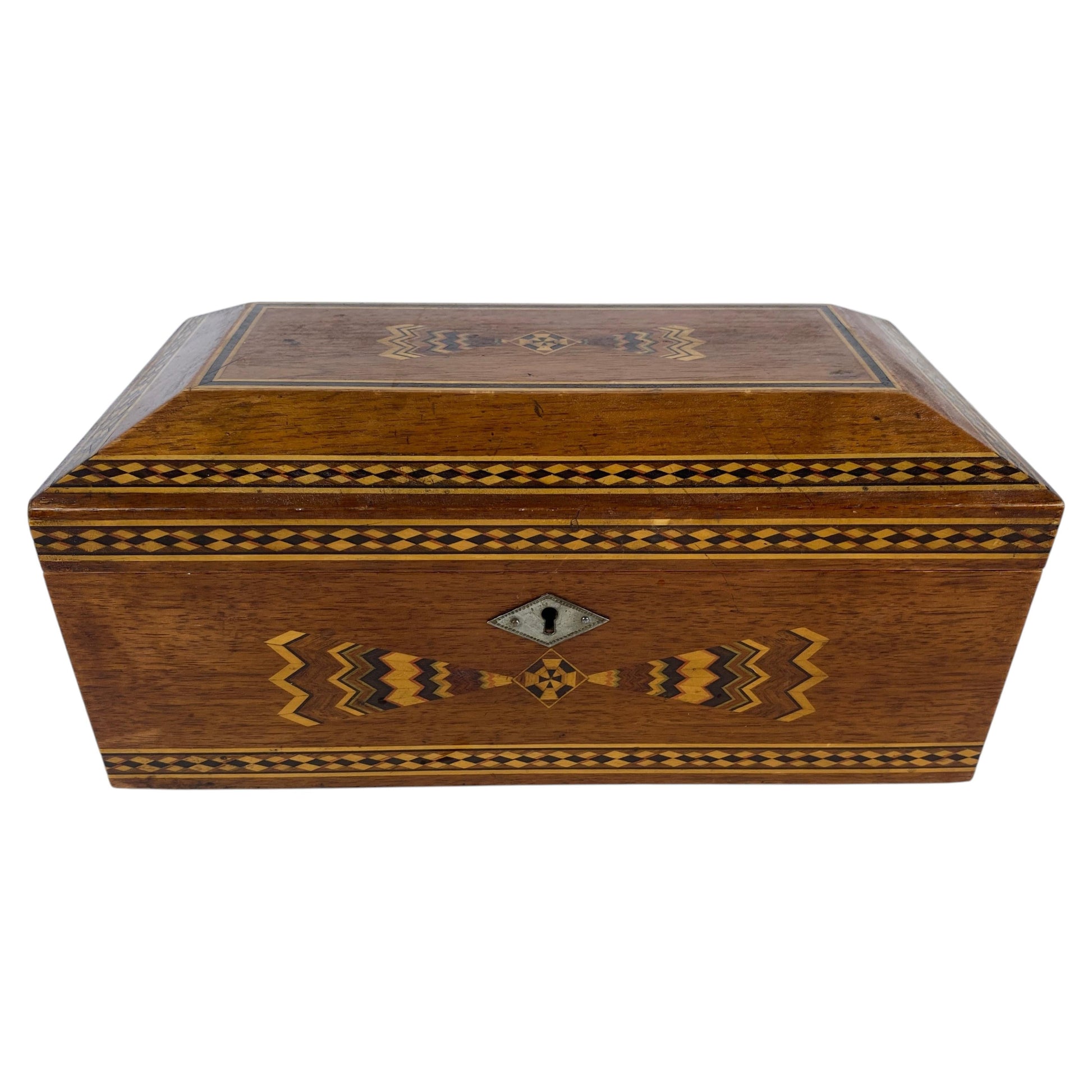 Italian Marquetry Inlaid Wooden Jewelry Box, Geometric Sorrento Style, Mid-20th