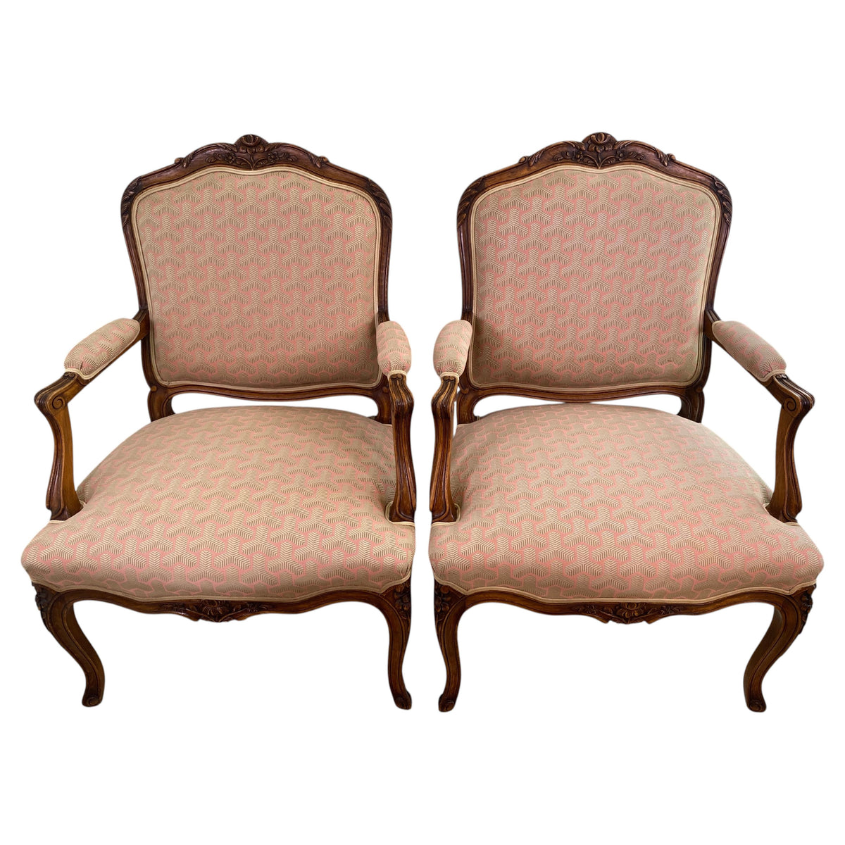 Pair of French Louis XV Style Beechwood Fauteuil Armchairs, Carved Frames