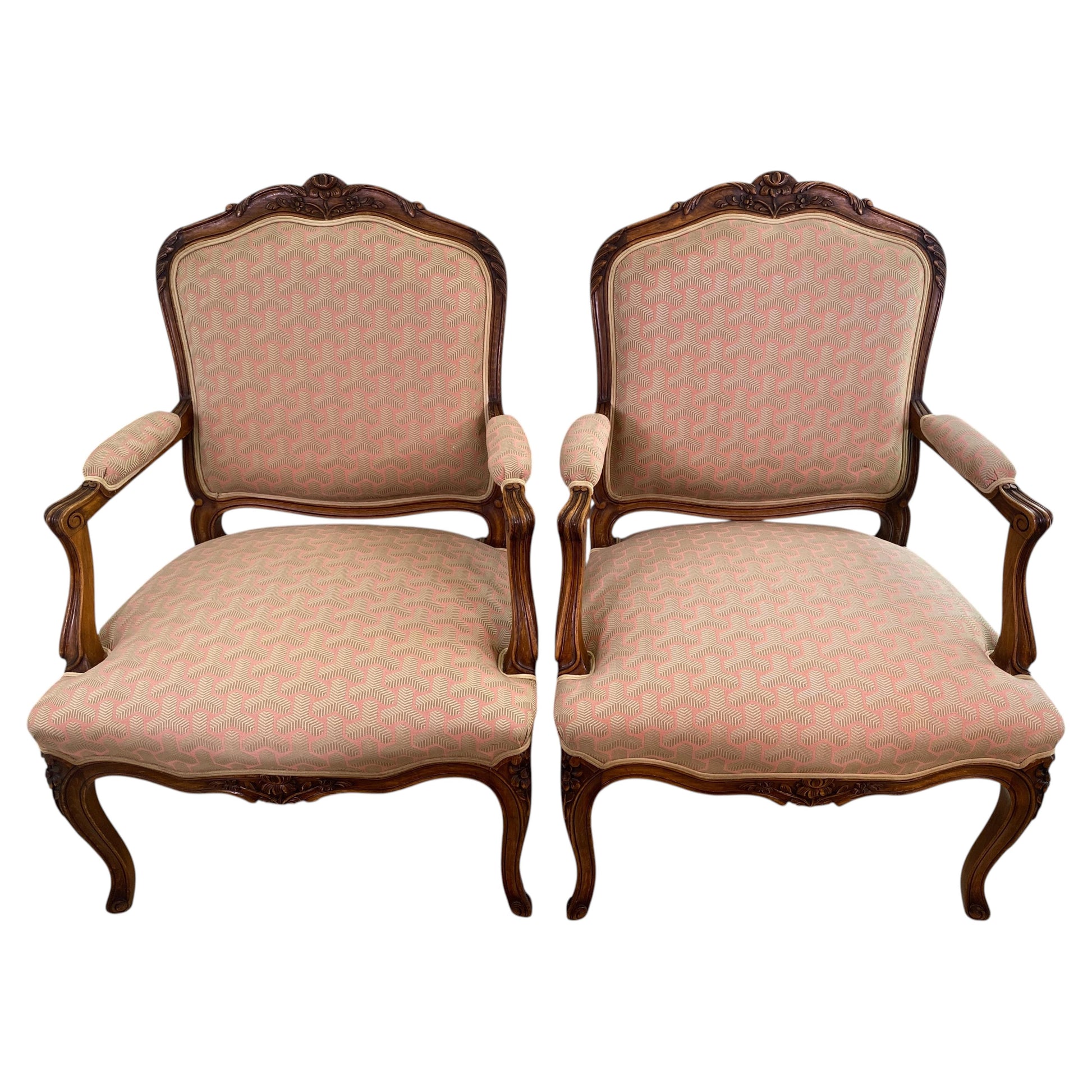 Pair of French Louis XV Style Beechwood Fauteuil Armchairs, Carved Frames