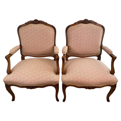 Pair of French Louis XV Style Beechwood Fauteuil Armchairs, Carved Frames