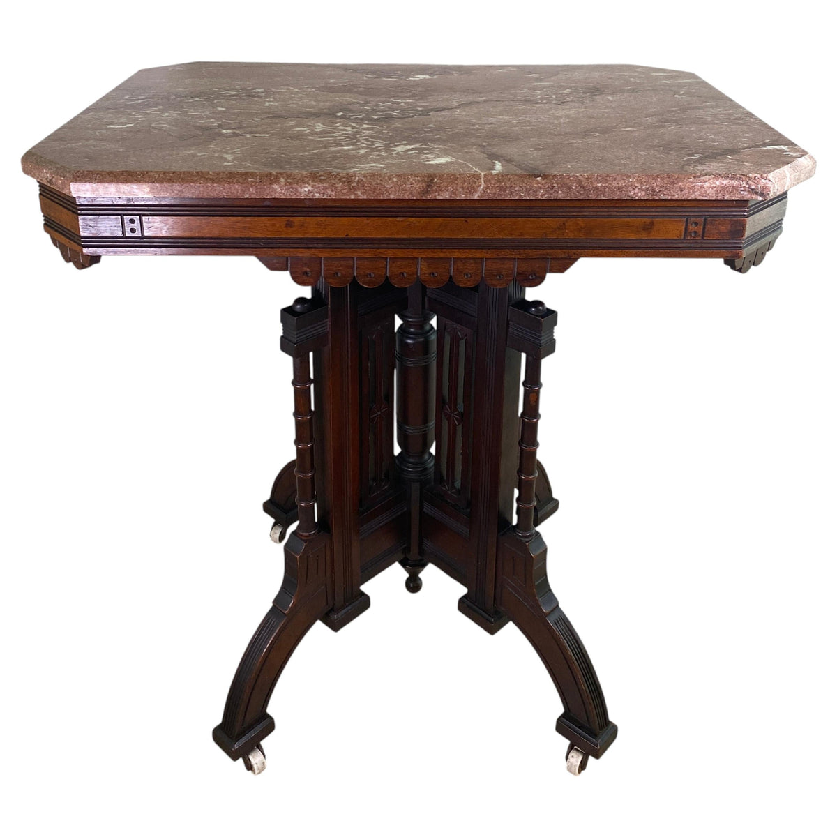Antique Victorian Marble Top Walnut Center Table with Ebonized Base, circa 1870