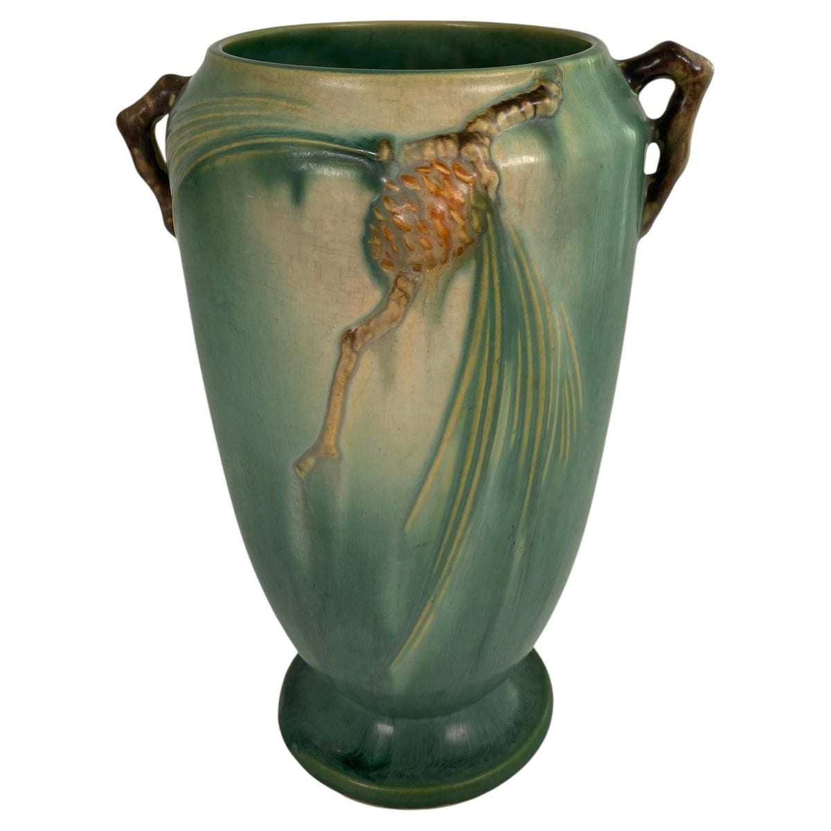 Roseville Pinecone Art Pottery Vase, Green Glaze, American Art Deco, circa 1930