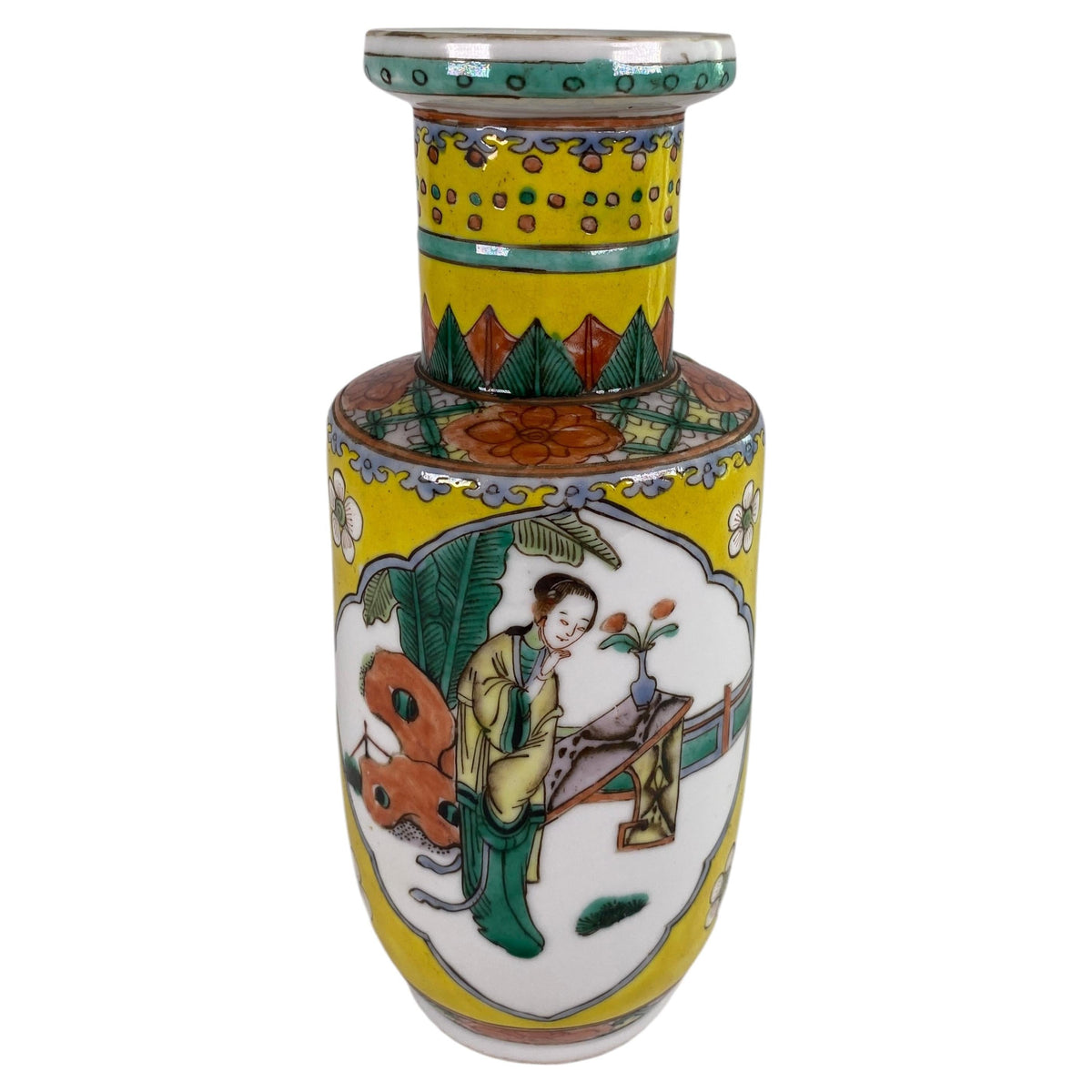 Chinese Famille Jaune Porcelain Vase with Figural Panels, Qianlong Mark, 20th C.