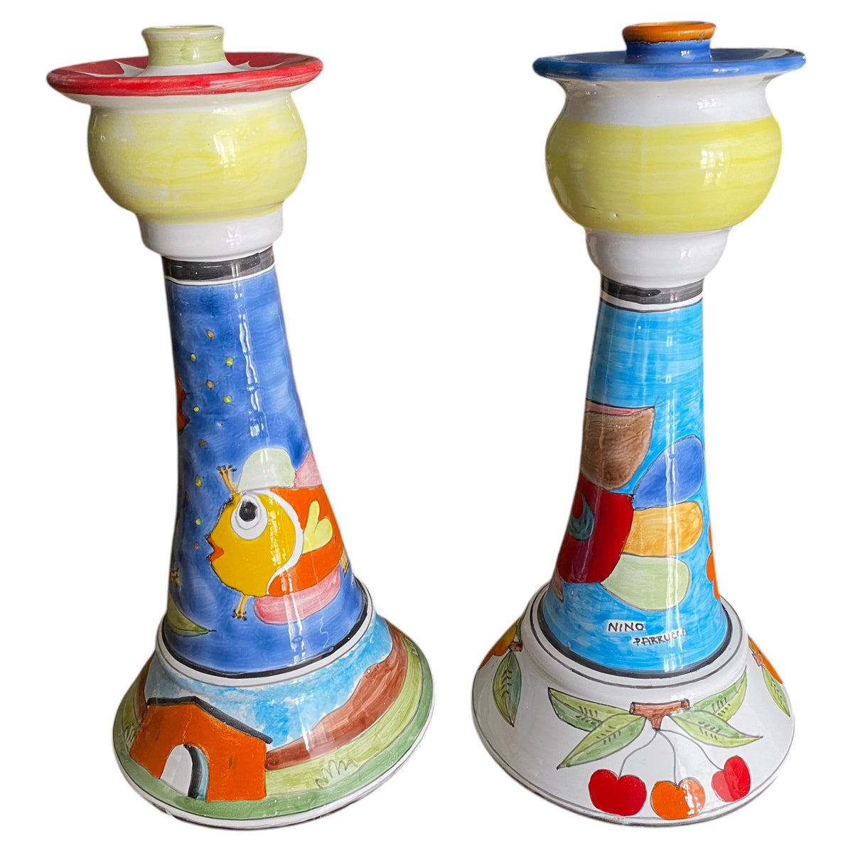Pair Italian Hand-Painted Ceramic Candlesticks by Nino Parrucca, Whimsical
