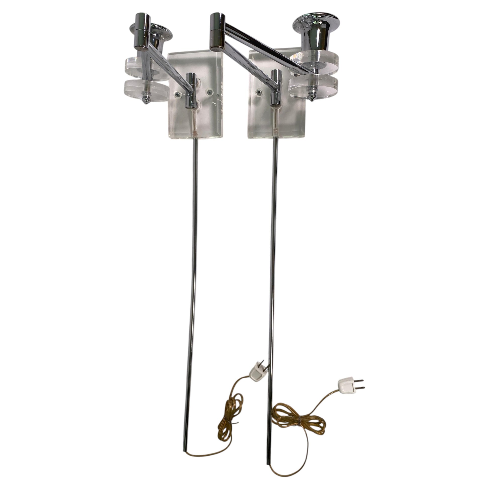 Articulating Chrome and Lucite Wall Sconces, Mid-20th Century Design