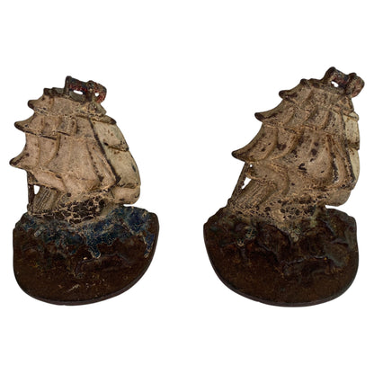 Pair of Antique Nautical Cast Iron Sailboat Bookends Polychrome Painted Finish
