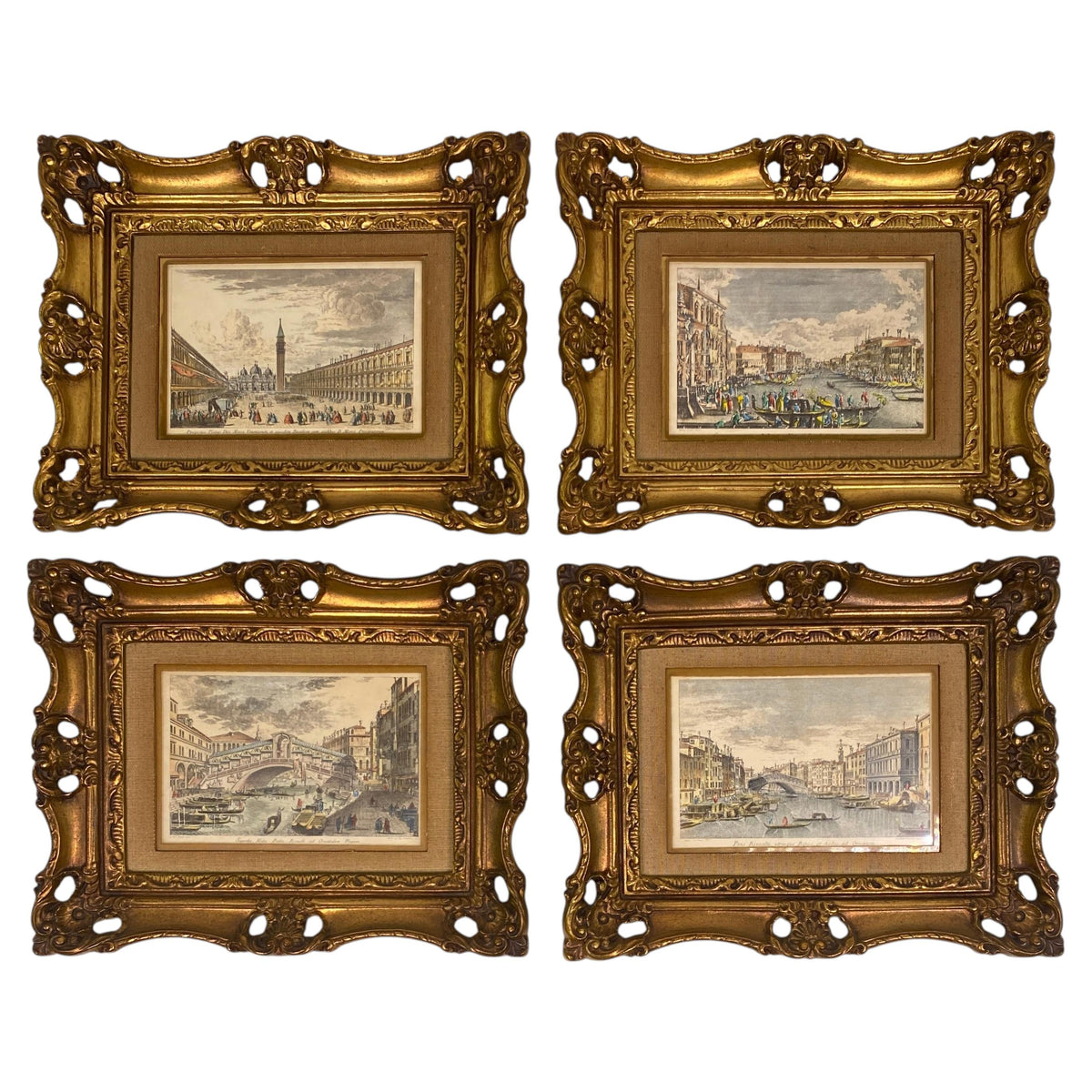 Set of 4 Antique Italian Hand-Colored Venetian Engraving Prints Giltwood Frames
