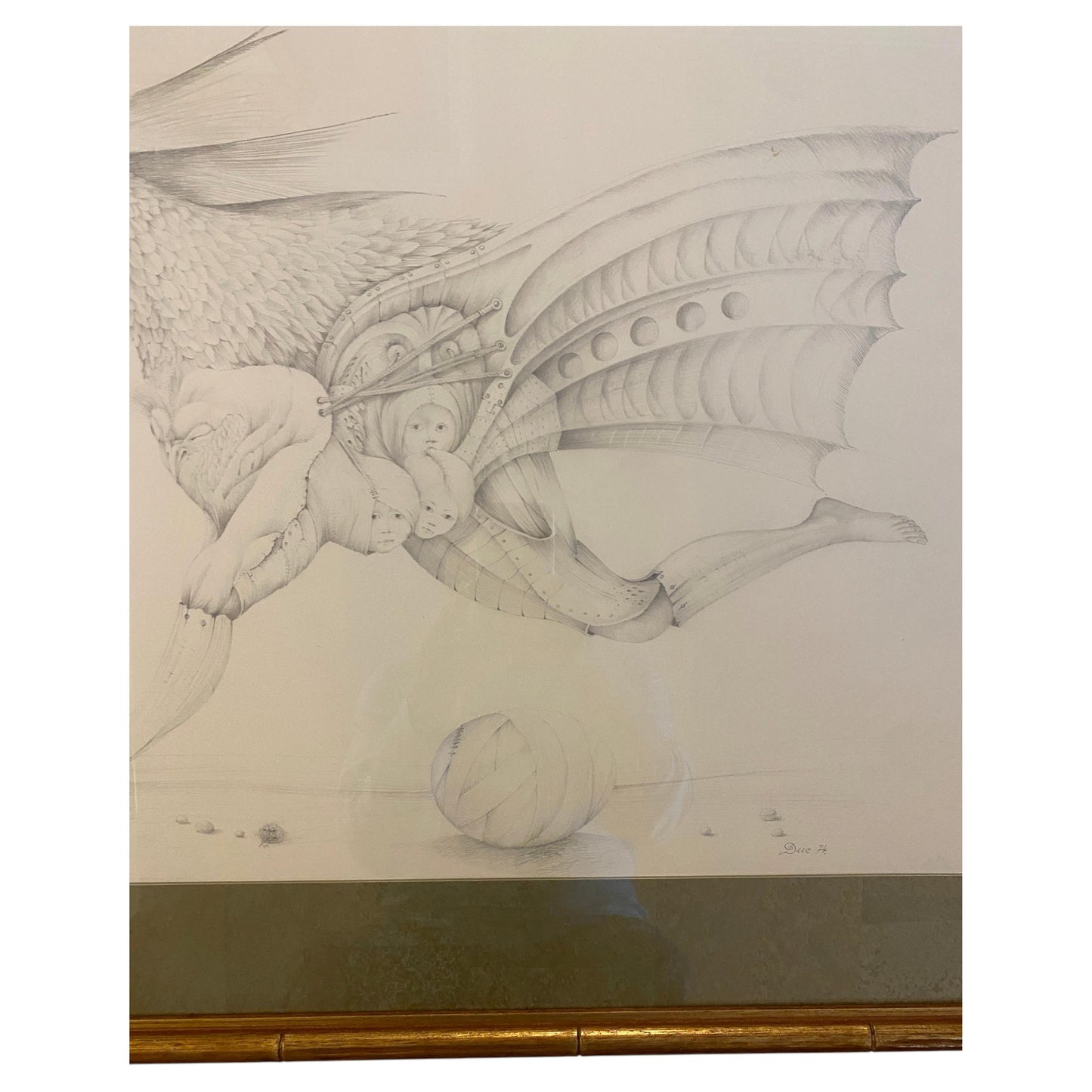 French Surrealist Graphite Drawing Hybrid Creature dated 1974 Attri. Antoine Duc — detail 2