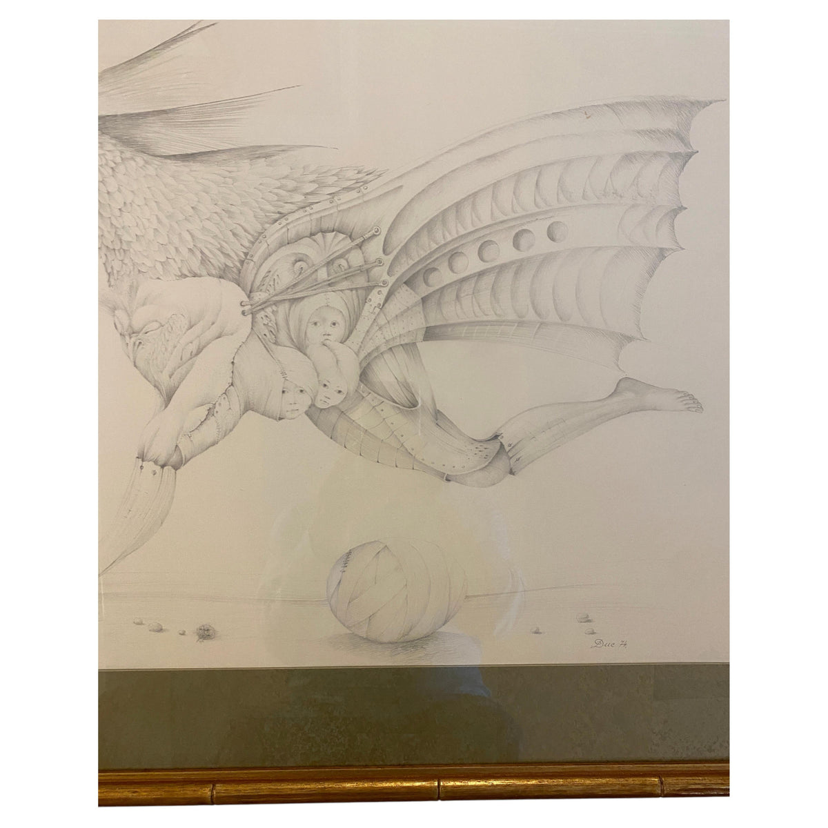 French Surrealist Graphite Drawing Hybrid Creature dated 1974 Attri. Antoine Duc — detail 2