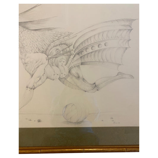 French Surrealist Graphite Drawing Hybrid Creature dated 1974 Attri. Antoine Duc — detail 2