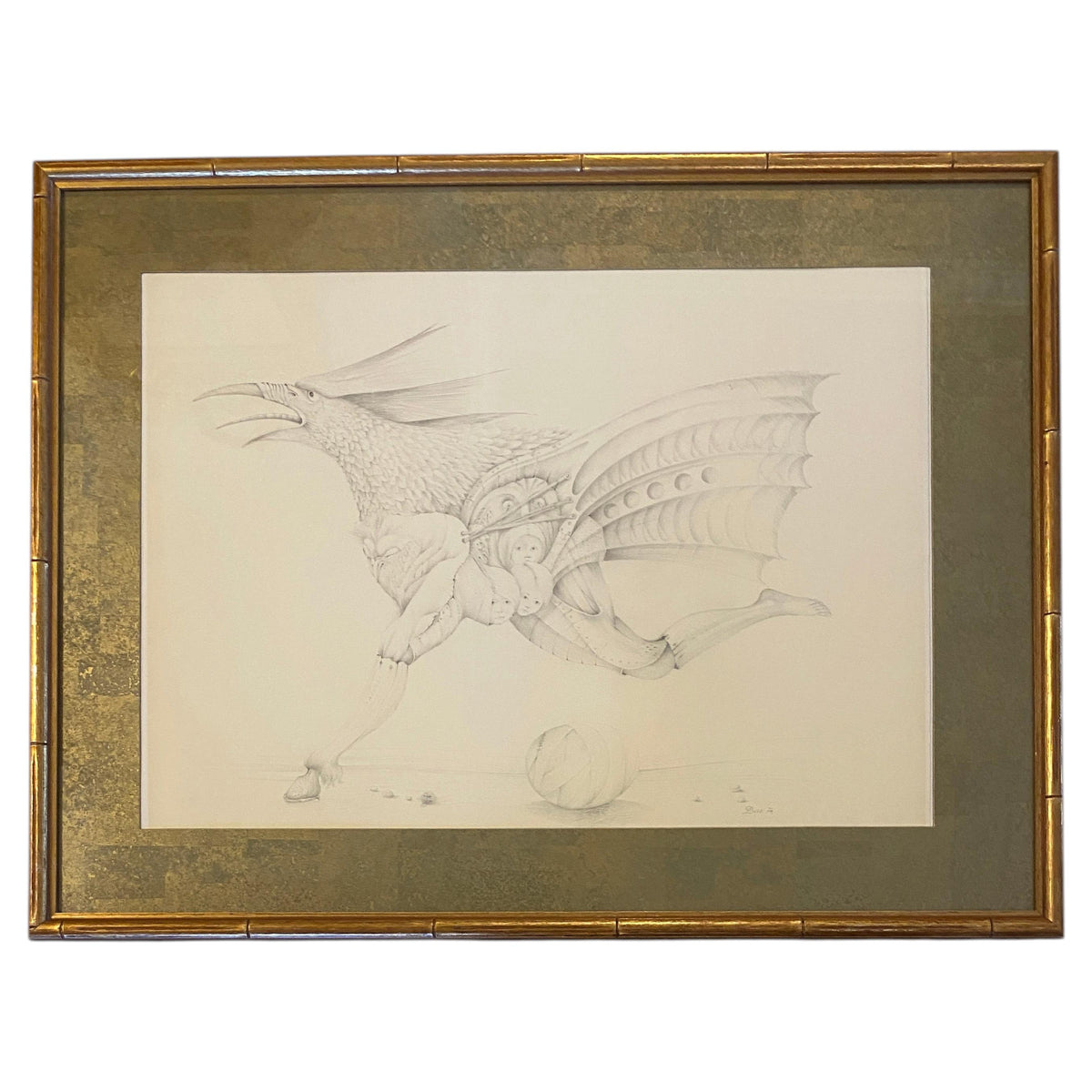 French Surrealist Graphite Drawing Hybrid Creature dated 1974 Attri. Antoine Duc