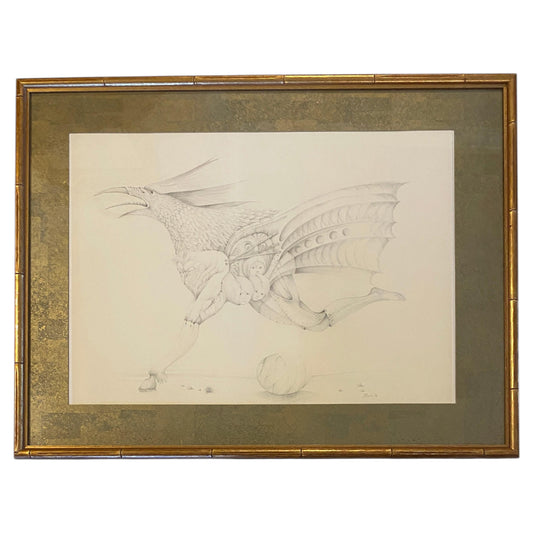 French Surrealist Graphite Drawing Hybrid Creature dated 1974 Attri. Antoine Duc