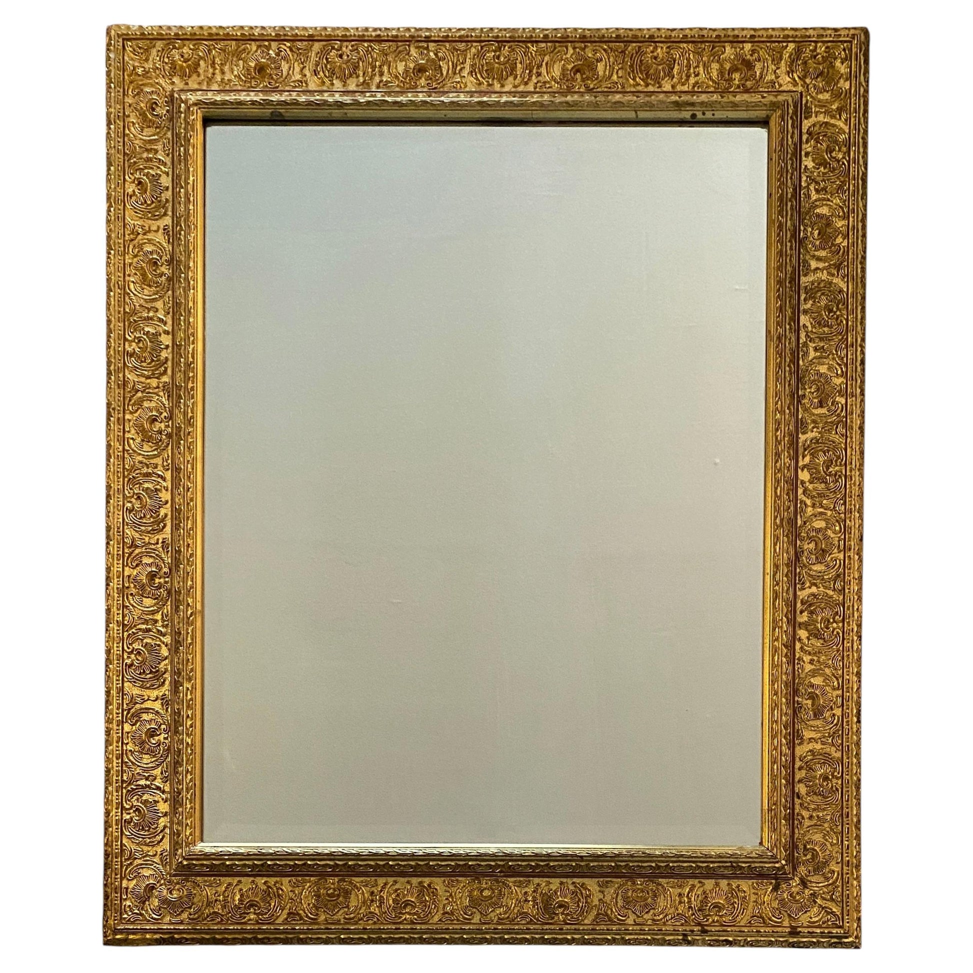 Antique Italian Renaissance Revival Giltwood & Gesso Wall Mirror, Deeply Carved