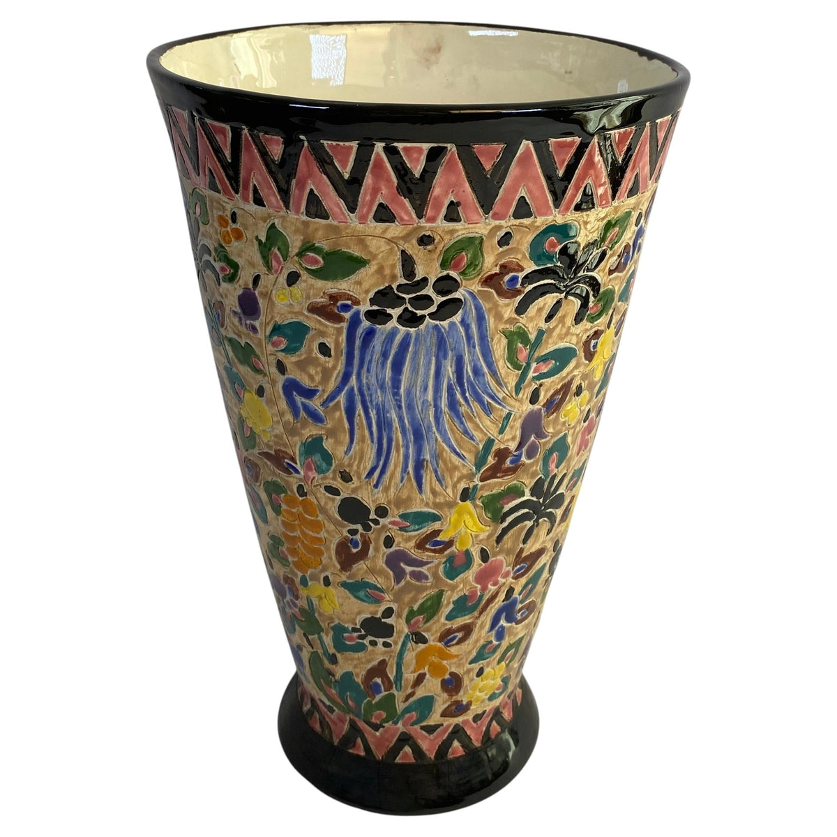 French Art Nouveau Hand-Painted Ceramic Floral Vase Signed Jérôme Massier
