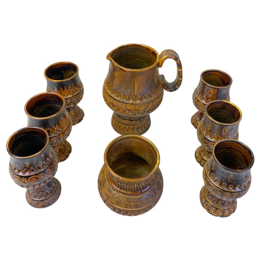 Vintage Brutalist Studio Pottery Ceramic Drink Set, Pitcher, Ice Bucket, 6 Gob.