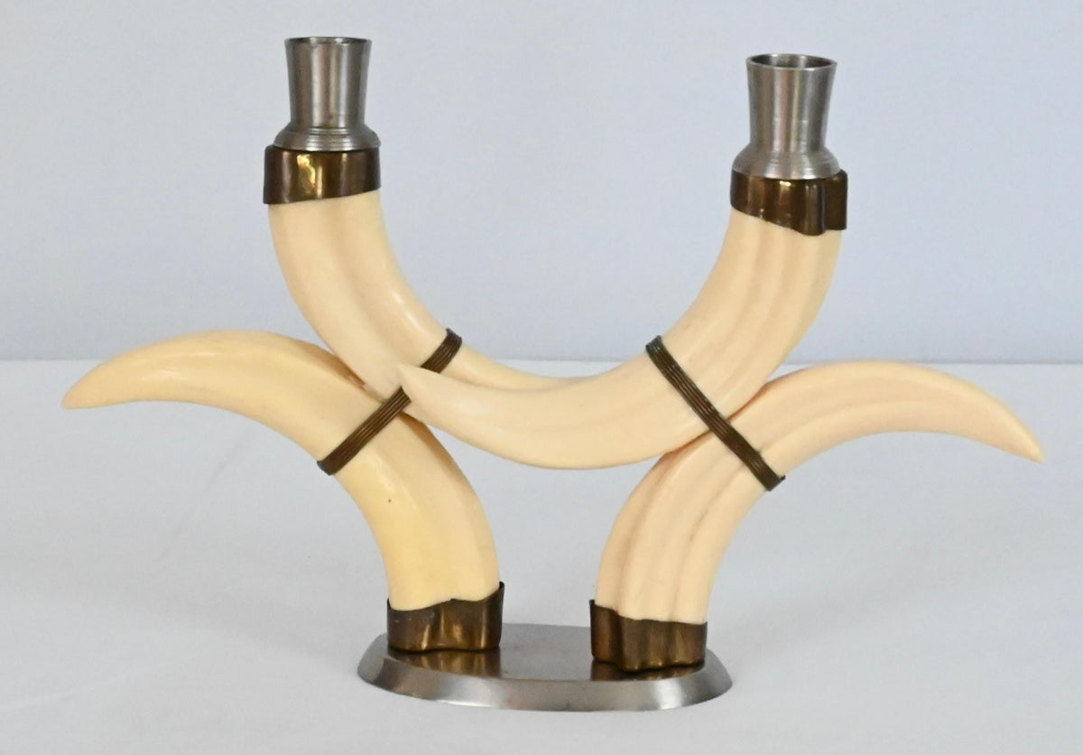 Pair of Beige Faux Horn Candlesticks Mounted in Nickel — detail 5