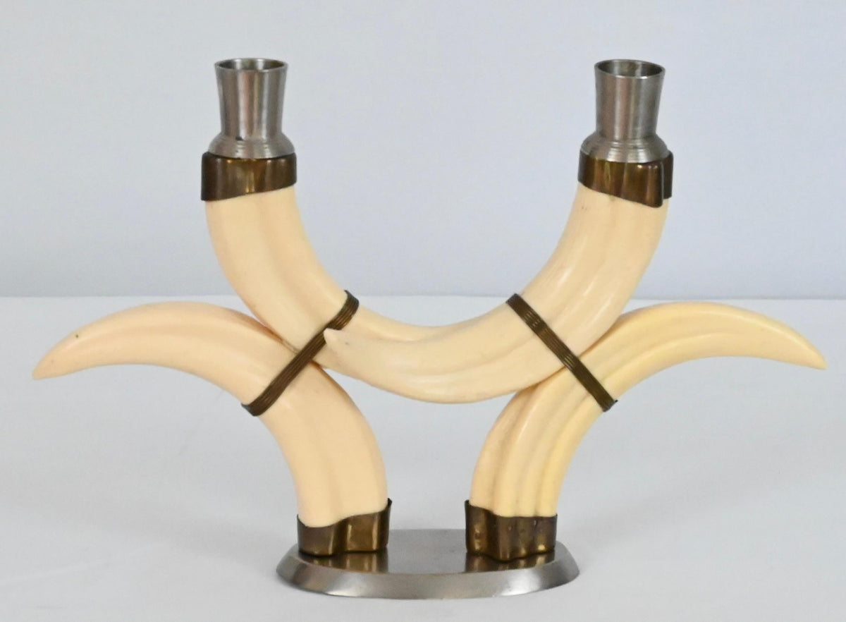Pair of Beige Faux Horn Candlesticks Mounted in Nickel — detail 6