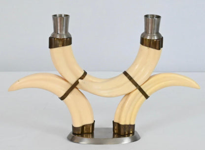 Pair of Beige Faux Horn Candlesticks Mounted in Nickel — detail 6