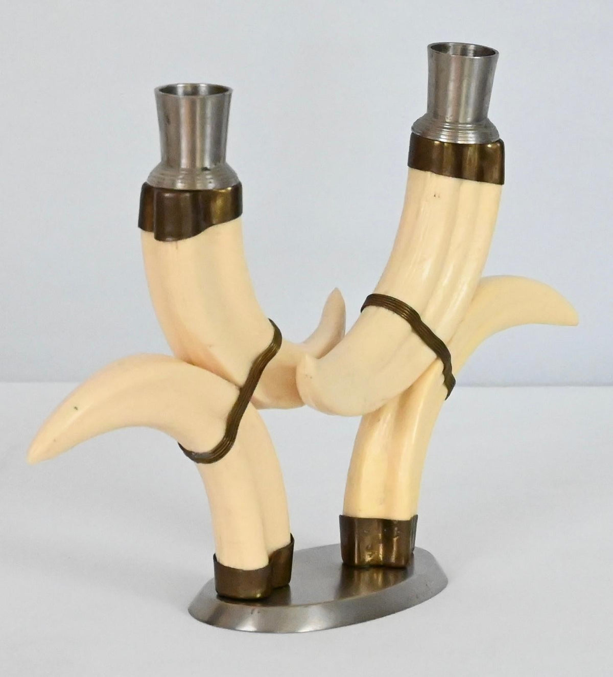 Pair of Beige Faux Horn Candlesticks Mounted in Nickel — detail 7
