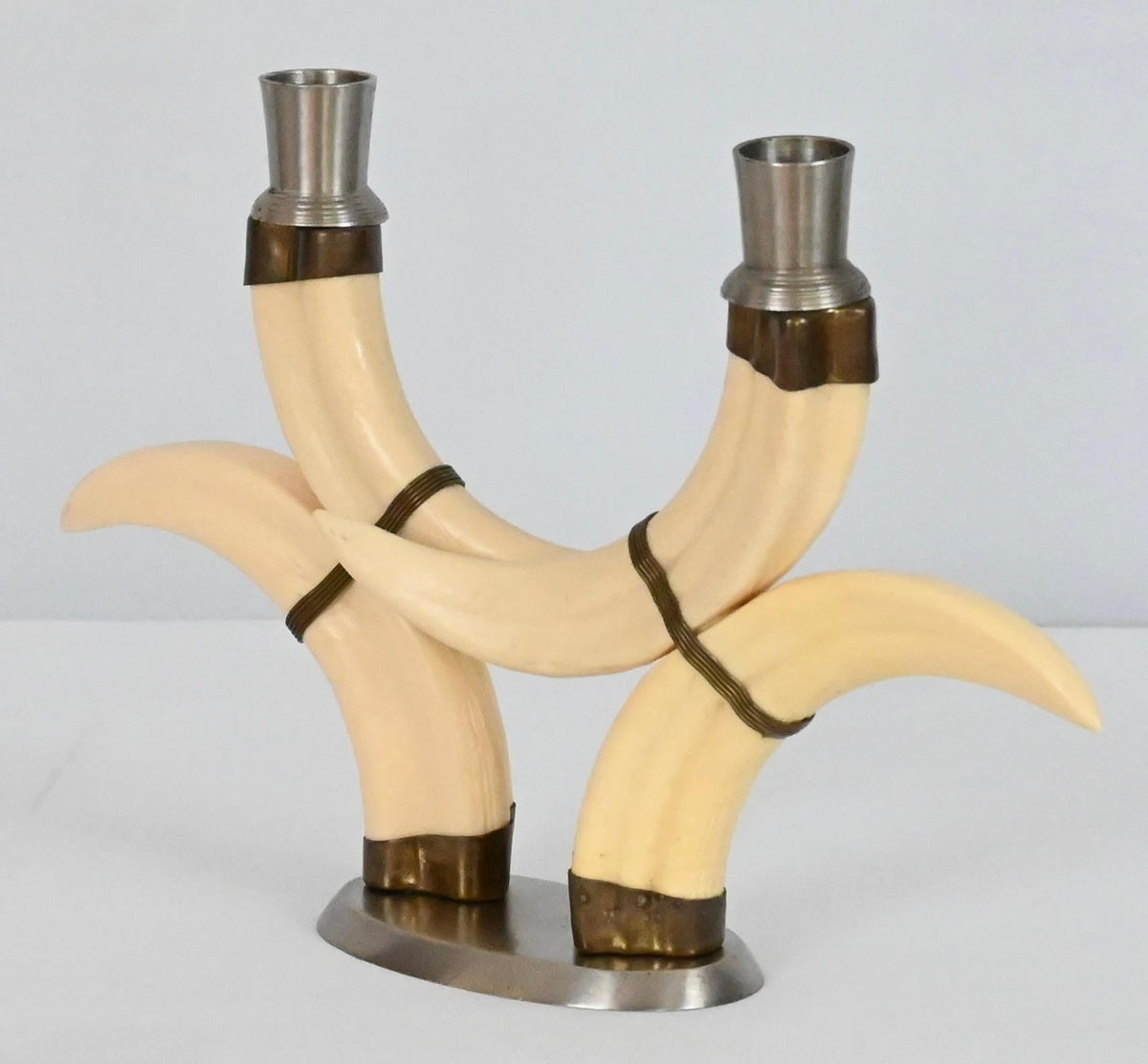 Pair of Beige Faux Horn Candlesticks Mounted in Nickel — detail 8