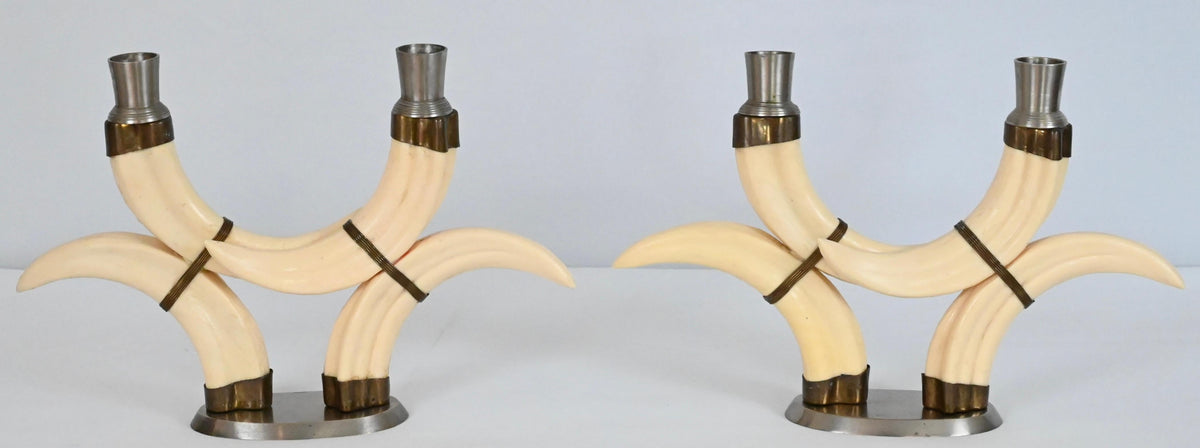 Pair of Beige Faux Horn Candlesticks Mounted in Nickel — detail 9