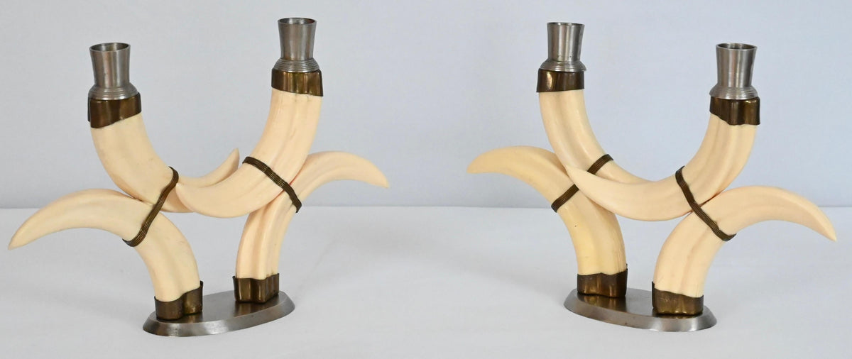 Pair of Beige Faux Horn Candlesticks Mounted in Nickel — detail 10