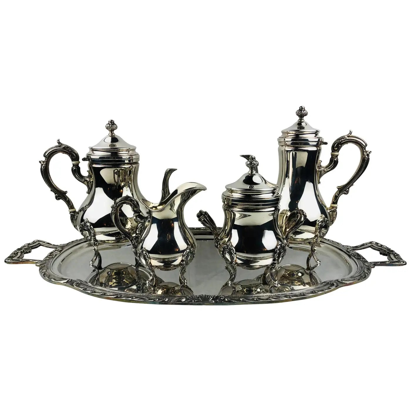 French Rococo Revival Silver Plate 5-Piece Tea & Coffee Service on Tray, Early 20th Century