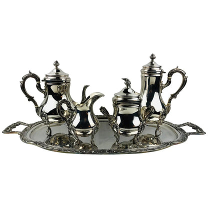 French Rococo Revival Silver Plate 5-Piece Tea & Coffee Service on Tray, Early 20th Century