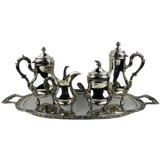 French Rococo Revival Silver Plate 5-Piece Tea & Coffee Service on Tray, Early 20th Century