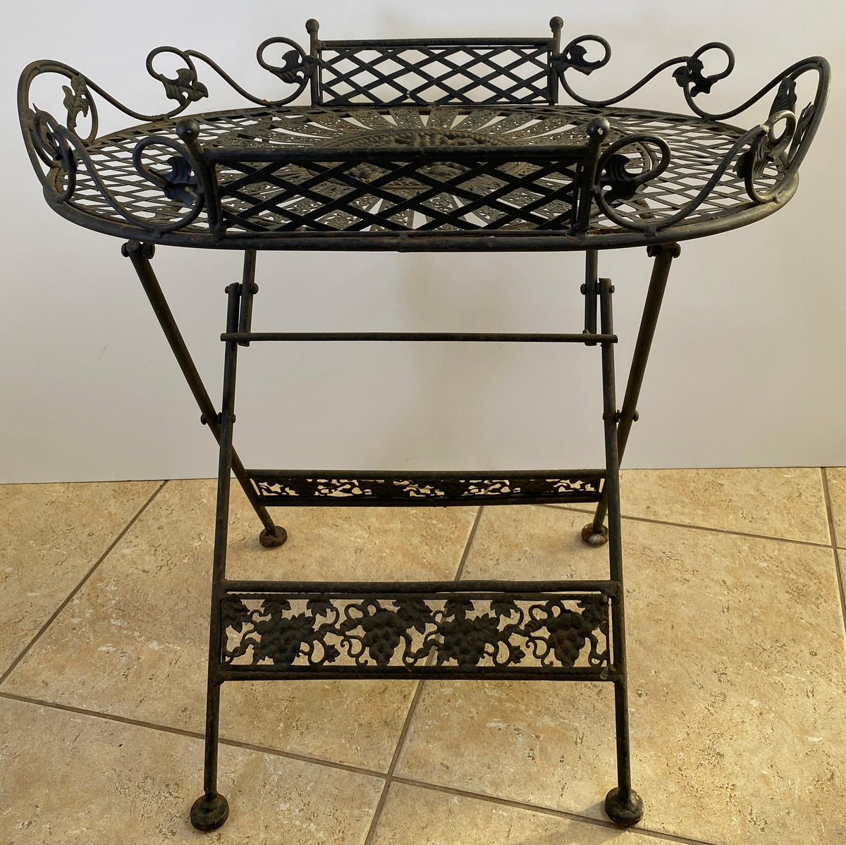 Antique French Style Folding Wrought Iron Garden Table with Grapevine Motif — detail 3