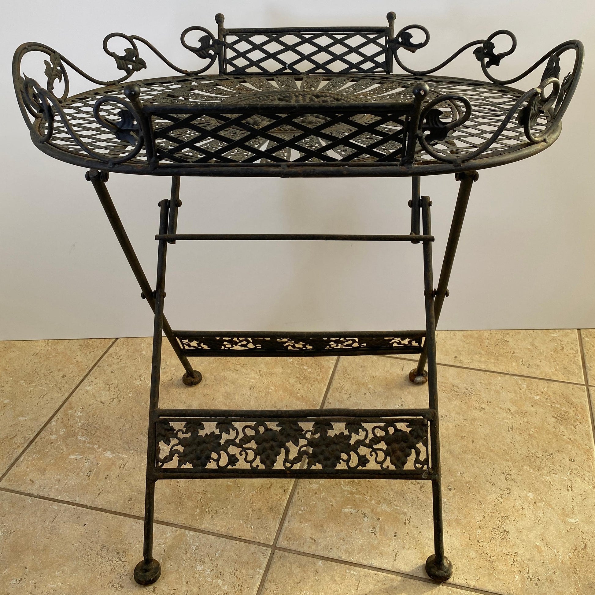 Antique French Style Folding Wrought Iron Garden Table with Grapevine Motif — detail 3