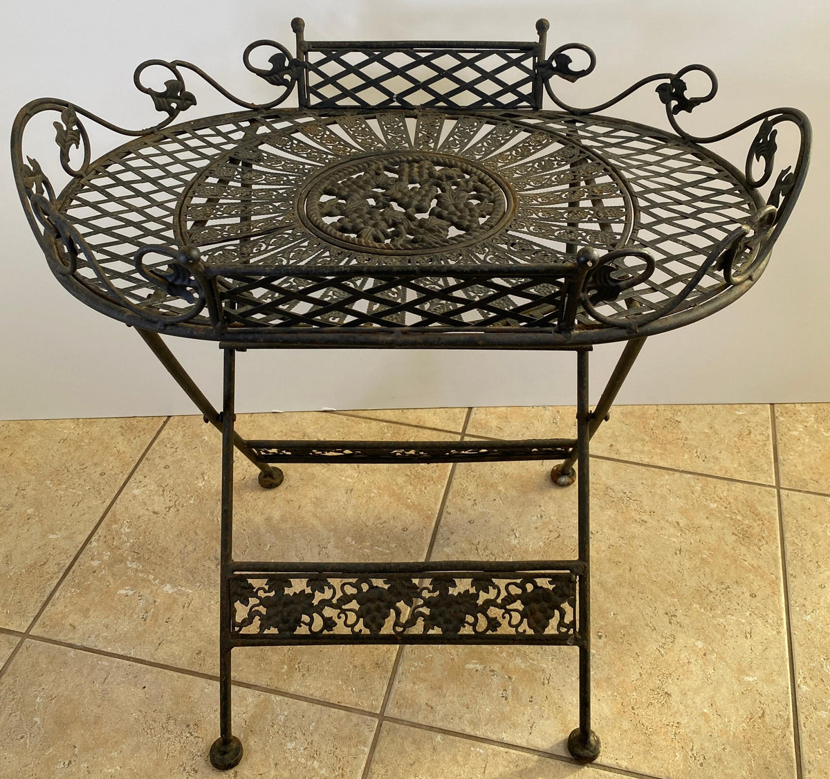 Antique French Style Folding Wrought Iron Garden Table with Grapevine Motif — detail 2